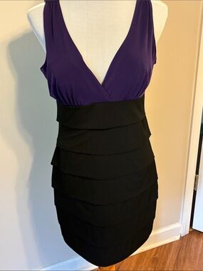 Enfocus Petite Purple and Black V-Neck Tiered Mini Dress